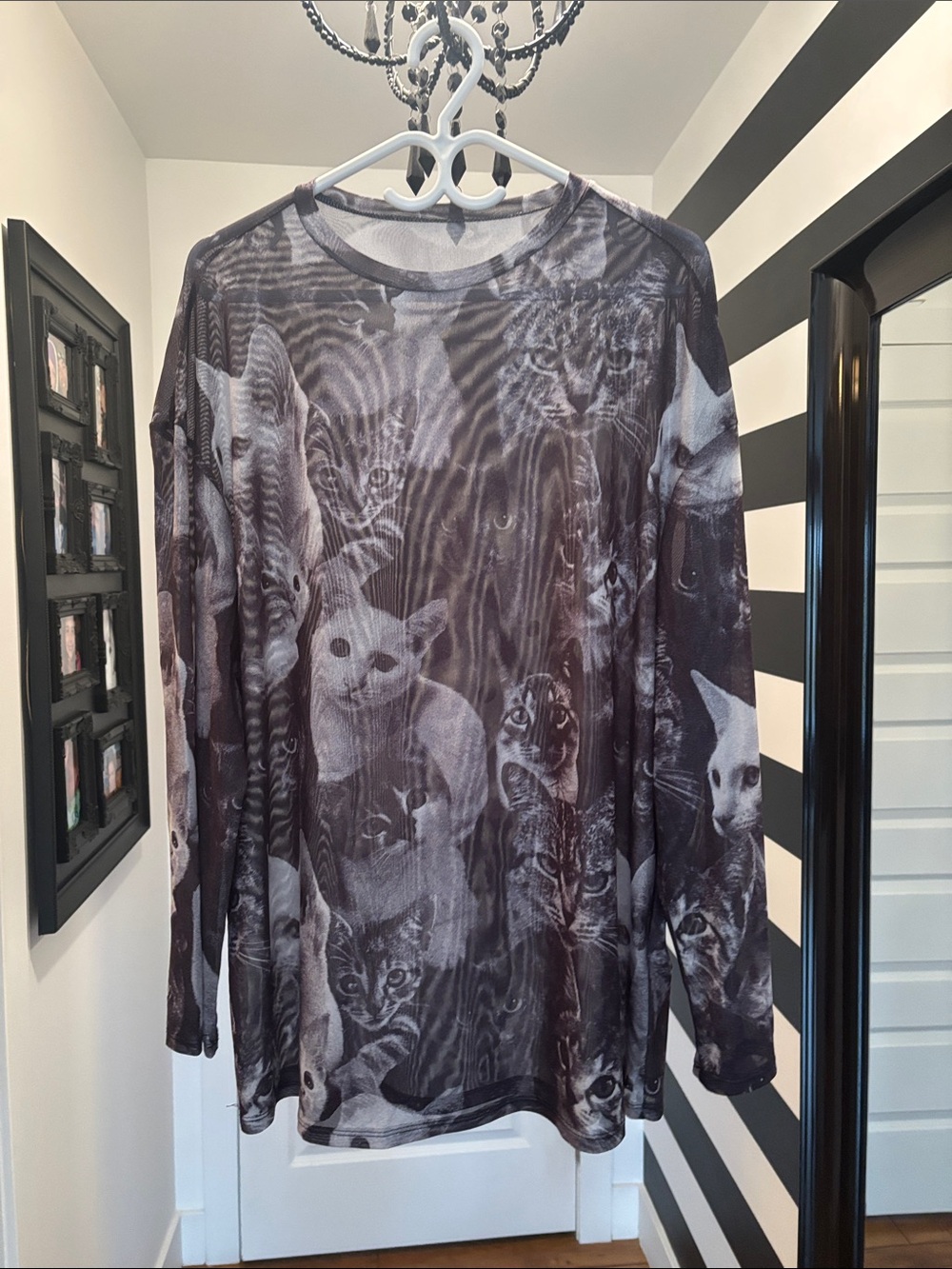SHEIN Black Gray Sheer Long-Sleeve Cat Print Top